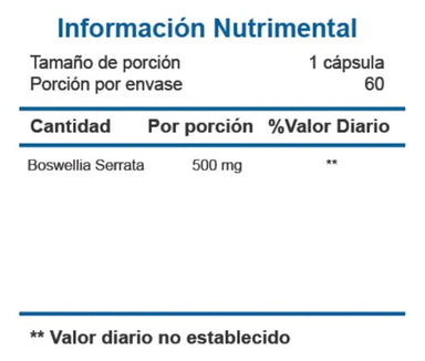 Essentials Flex 500mg 60 capsulas Informacion nutricional