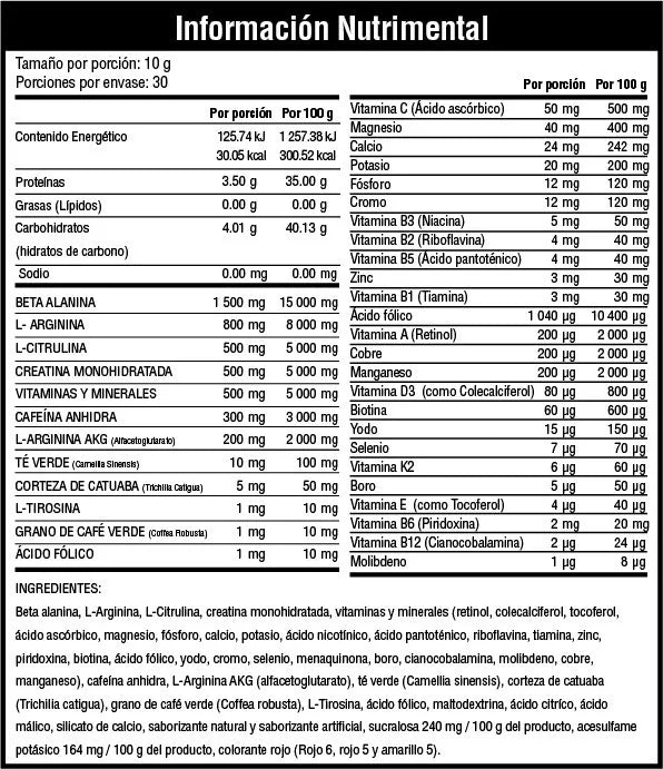 Musclefit Glam Oxido Nitrico 30 Servicios informacion nutricional
