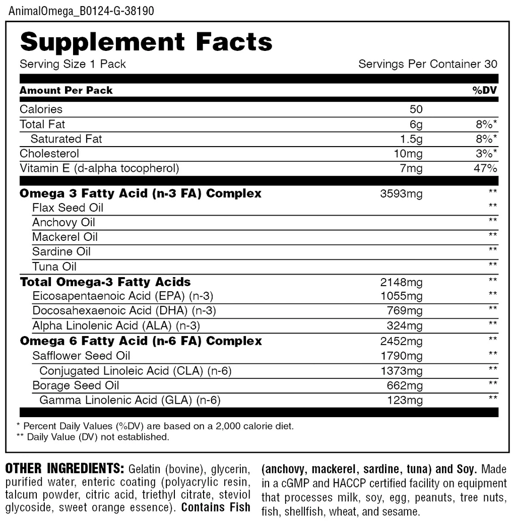 Universal Animal Omega 30packs informacion nutricional