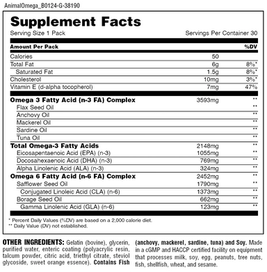 Universal Animal Omega 30packs informacion nutricional