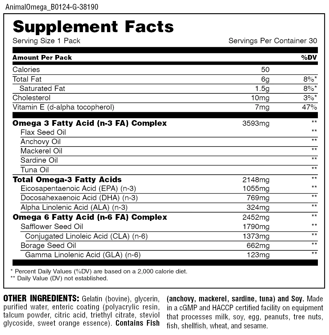 Universal Animal Omega 30packs informacion nutricional