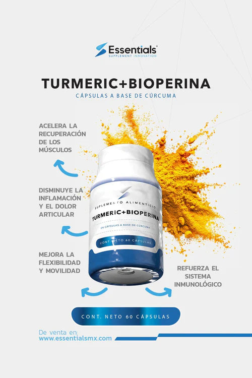 Essentials Turmeric + Bioperina 60 Capsulas a base de Curcuma informacion nutricional 2