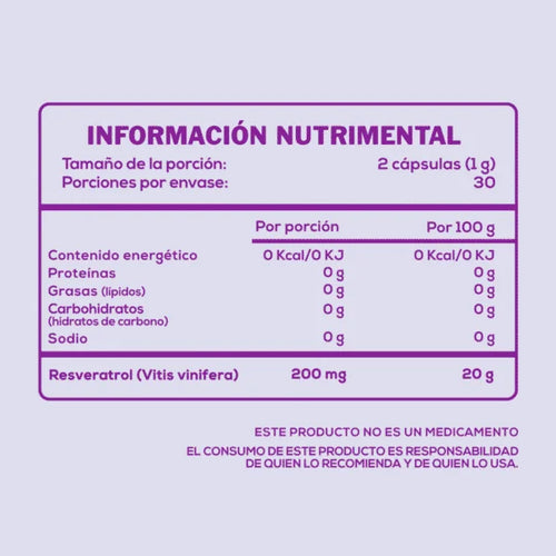 CaroFit Resveratrol 60 Capsulas Antioxidante Informacion nutricional