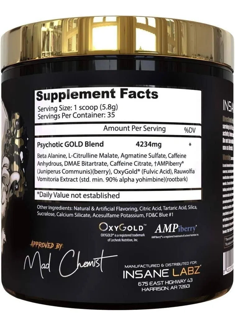 Insane Labz Psychotic Gold Pre Entreno 60 servicios informacion nutricional