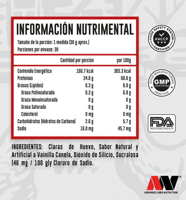 Advance Nutrition Proteina de Claras de Huevo Deshidratadas 900gr 30 Servicios Informacion nutricional