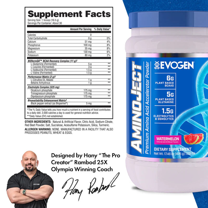 Evogen Aminoject 30 Servicios. Aminoácidos fresa informacion nutricional