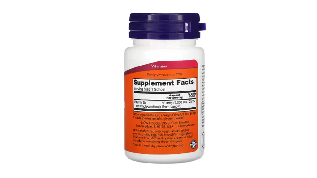 Now Foods Vitamina D-3 2000 IU 30 Softgels informacion nutricional