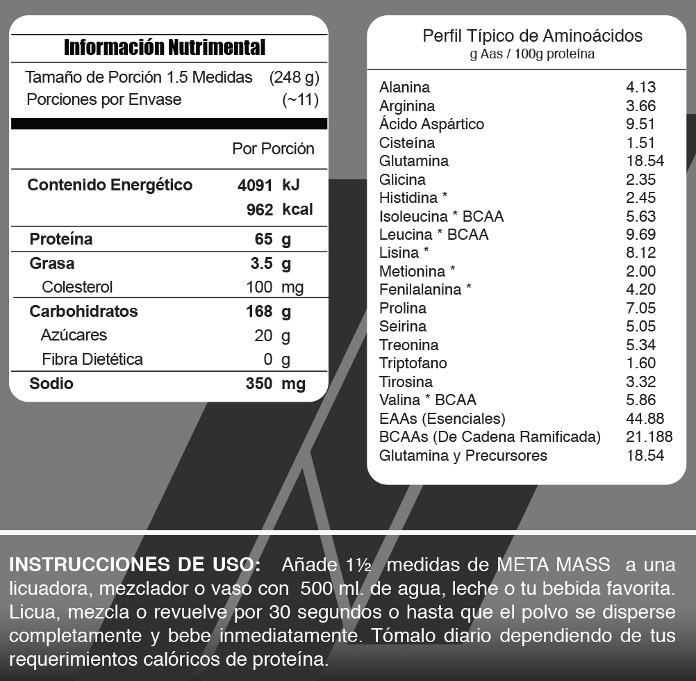 Meta Nutrition Proteina Meta Mass 6 Lbs vainilla informacion nutricional