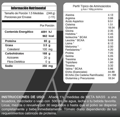 Meta Nutrition Proteina Meta Mass 6 Lbs vainilla informacion nutricional