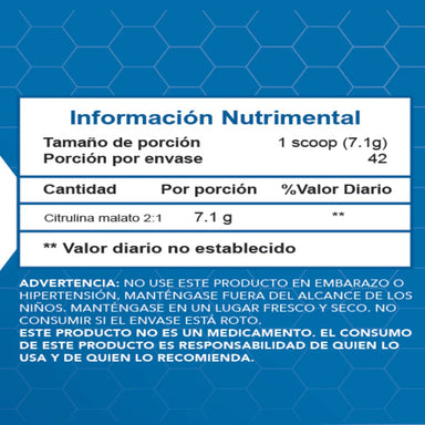Essentials Citrulina Malato 300 Gr informacion nutricional