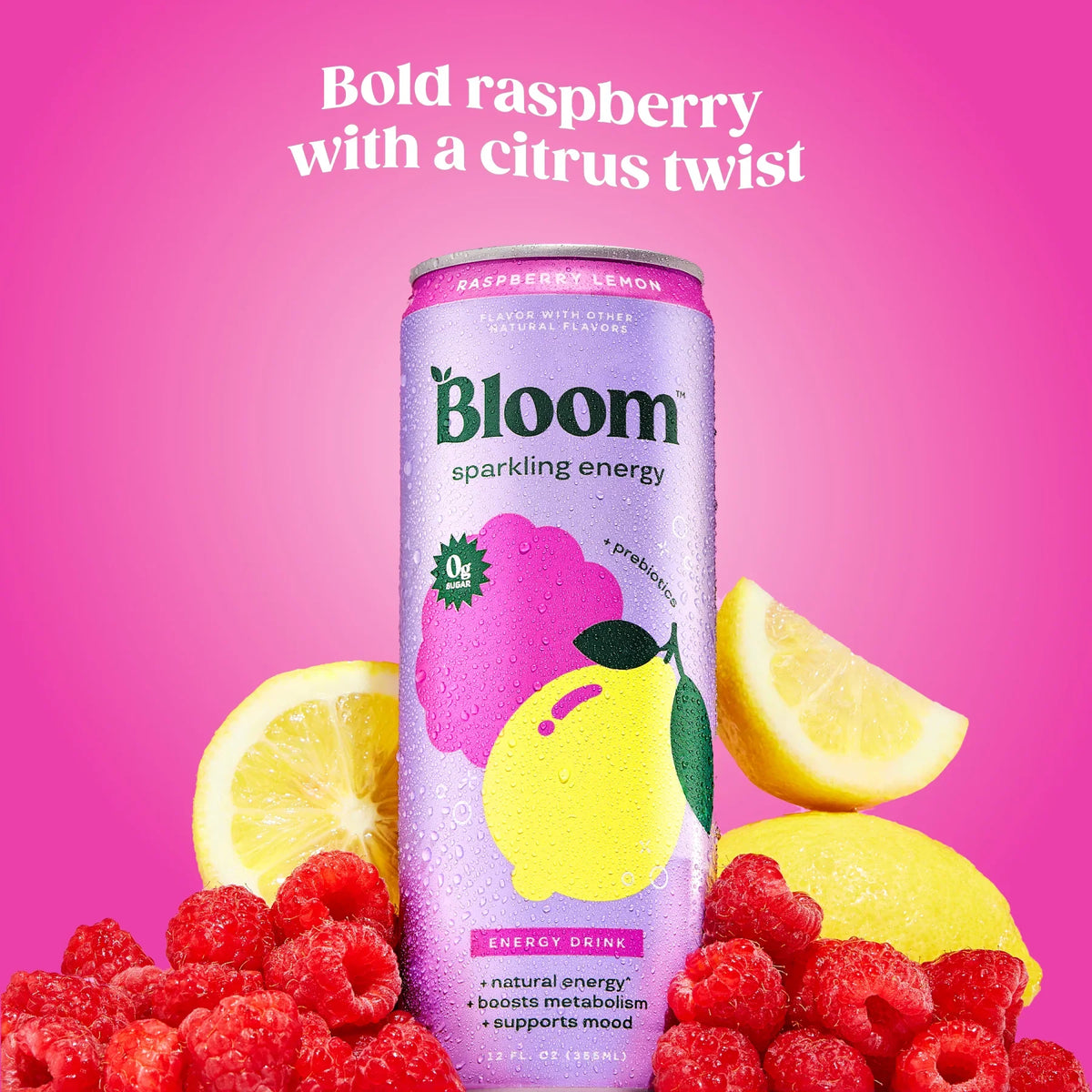 Bloom Sparkling Energy 12oz 12 pack Raspberry Lemon