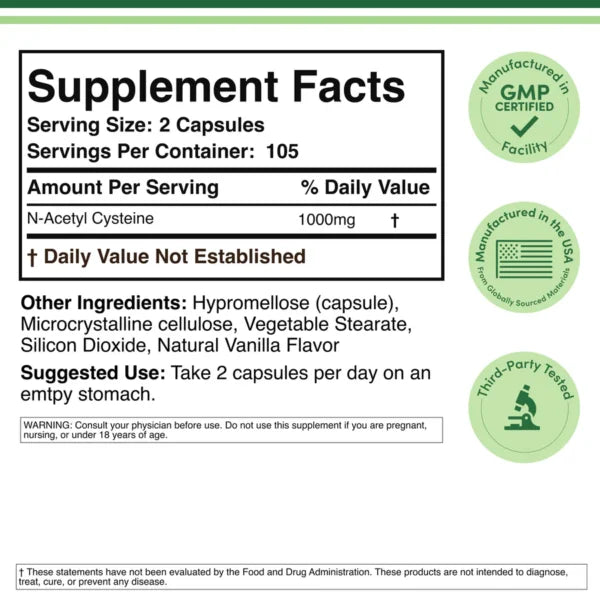 Double Wood NAC (N-acetilcisteína) 1000mg 210 Capsulas Informacion nutricional 2