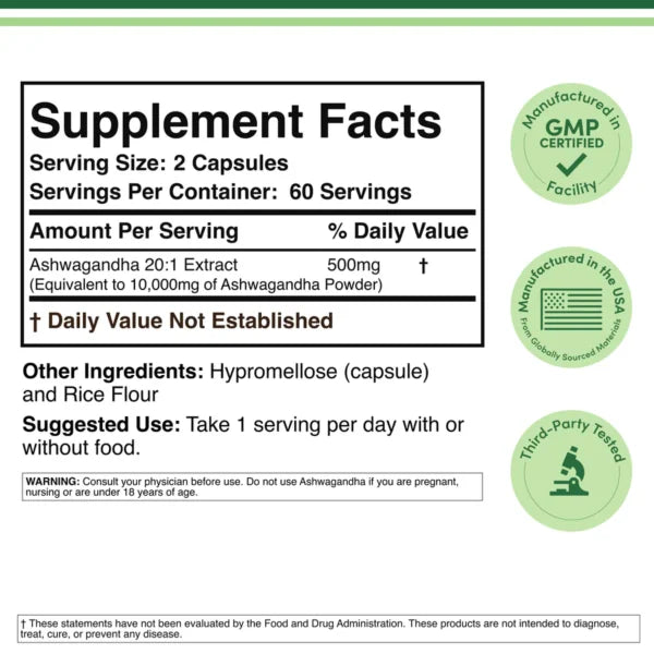 Double Wood Ashwagandha 500mg 120 Capsulas Informacion nutricional