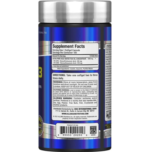 Allmax Omega 3 180 Capsulas informacion nutricional