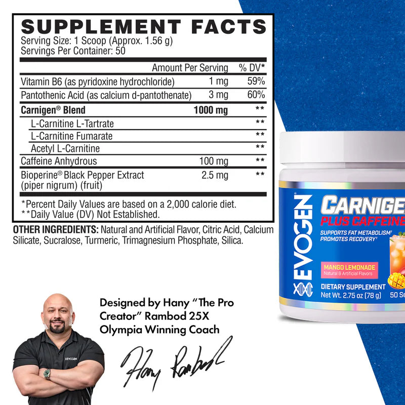 Evogen Carnigen Plus Caffeine 50 Servicios Informacion nutricional