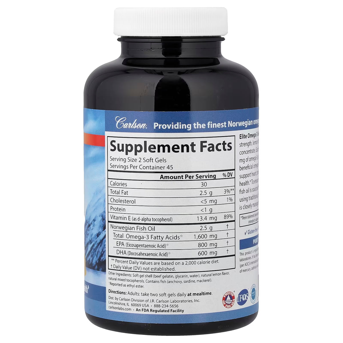 Carlson Labs Elite Omega 3 1600 Mg 90 Softgels Sabor Limón informacion nutricional