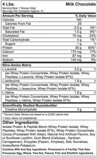 Muscletech Proteina NitroTech Whey 4 Libras informacion nutricional