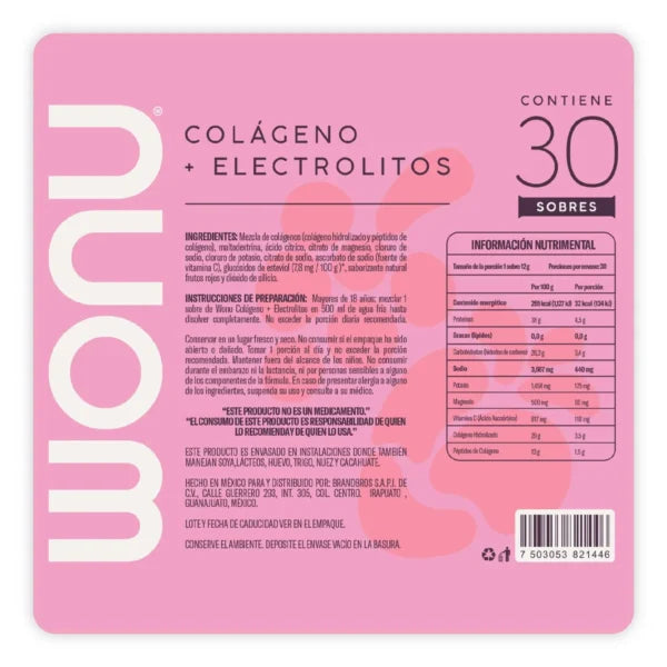 Wonu Colágeno + Electrolitos 30 Sobres De 12g c/u Sabor Frutos Rojos Informacion nutricional