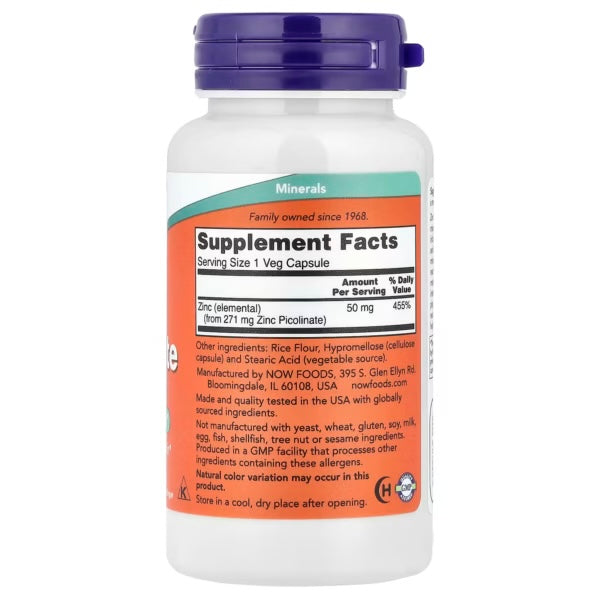 Now Foods Zinc Picolinate 50Mg 120 Veg Caps Informacion nutricional