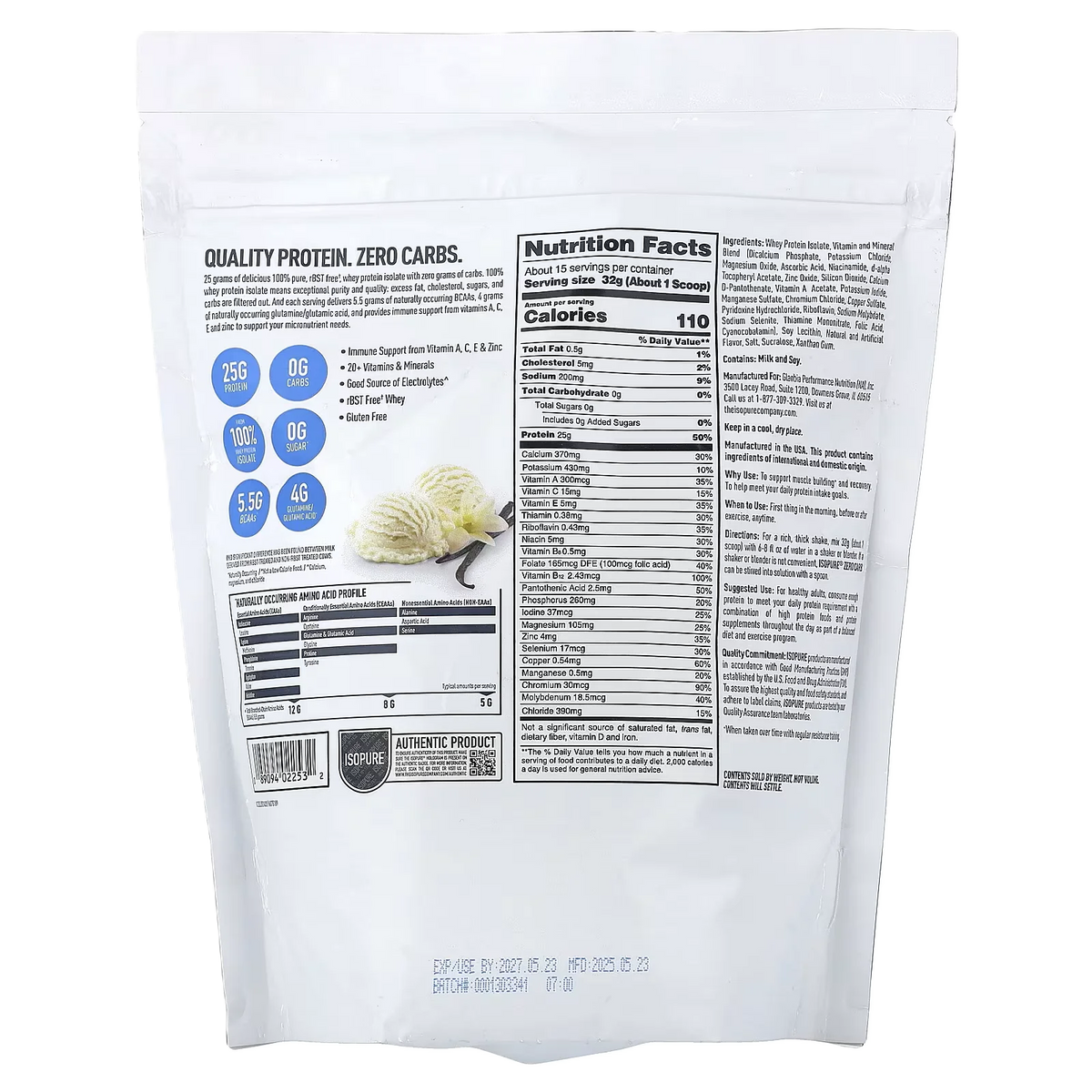Isopure Proteina Zero Carb 1 Lbs 15 Servicios informacion nutricional