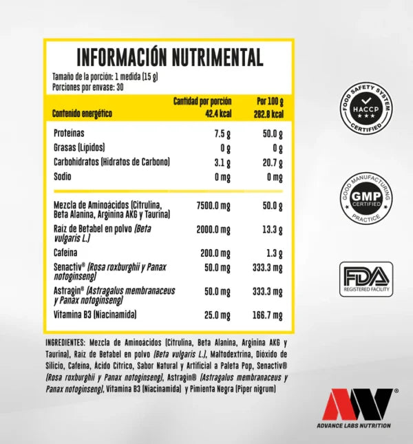 Advance Nutrition Astra-Nox 450g 30 Serv Pre Entreno Sabor a Gomitas Informacion nurtricional