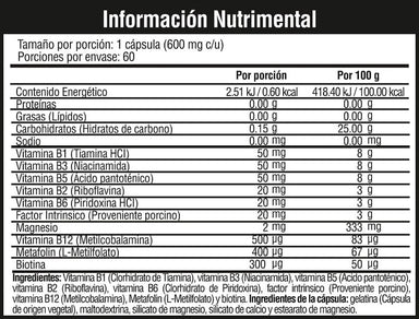 Musclefit Complejo B 60 Capsulas Vitaminas informacion nutricional
