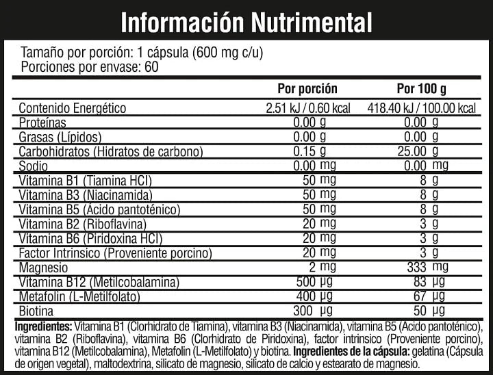 Musclefit Complejo B 60 Capsulas Vitaminas informacion nutricional