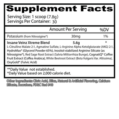 Insane Labz Veinz Xtreme Pre Entreno 30 Servicios Informacion nutricional