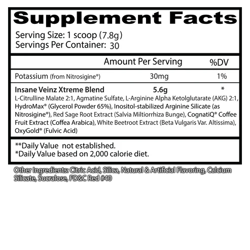 Insane Labz Veinz Xtreme Pre Entreno 30 Servicios Informacion nutricional