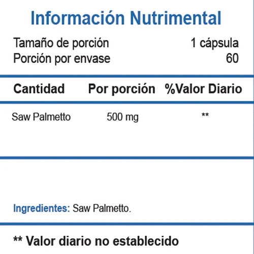 Essentials Extracto Saw Palmetto 60 Capsulas Informacion nutricional