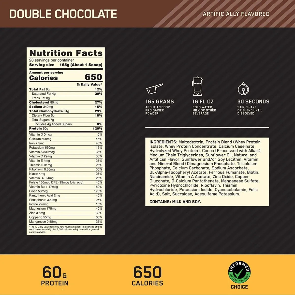 Optimun Nutrition Pro Gainer 10lbs informacion nutricional