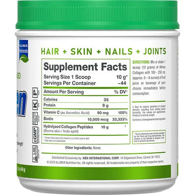 Allmax Péptidos de Colágeno Hidrolizado Con Biotina y Vitamina C 34 Servicios Informacion nutricional