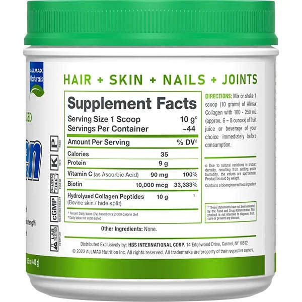 Allmax Péptidos de Colágeno Hidrolizado Con Biotina y Vitamina C 34 Servicios Informacion nutricional