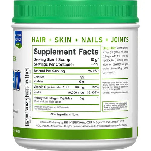 Allmax Péptidos de Colágeno Hidrolizado Con Biotina y Vitamina C 34 Servicios Informacion nutricional