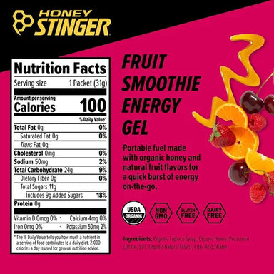 Honey Stinger Energy Gel Miel Y Electrolitos 24pz 31gr informacion nutricional