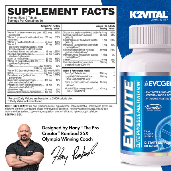 Evogen Evovite Multi 60 Tabletas Multivitaminico informacion nutricional