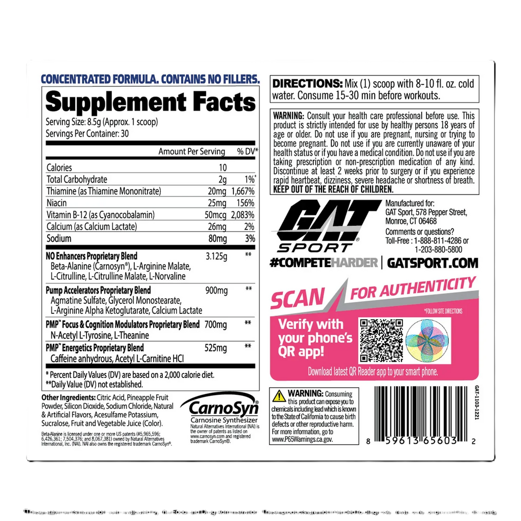 GAT Sport PMP Stim-Free 30 Servicios informacion nutricional