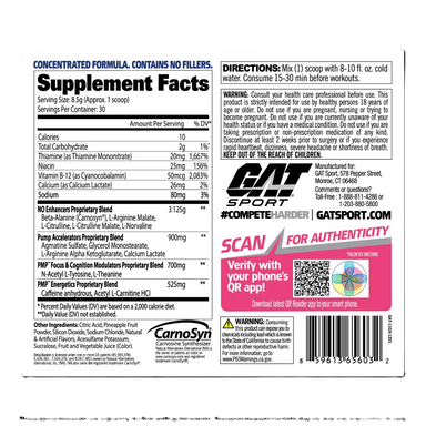 GAT Sport PMP Stim-Free 30 Servicios informacion nutricional