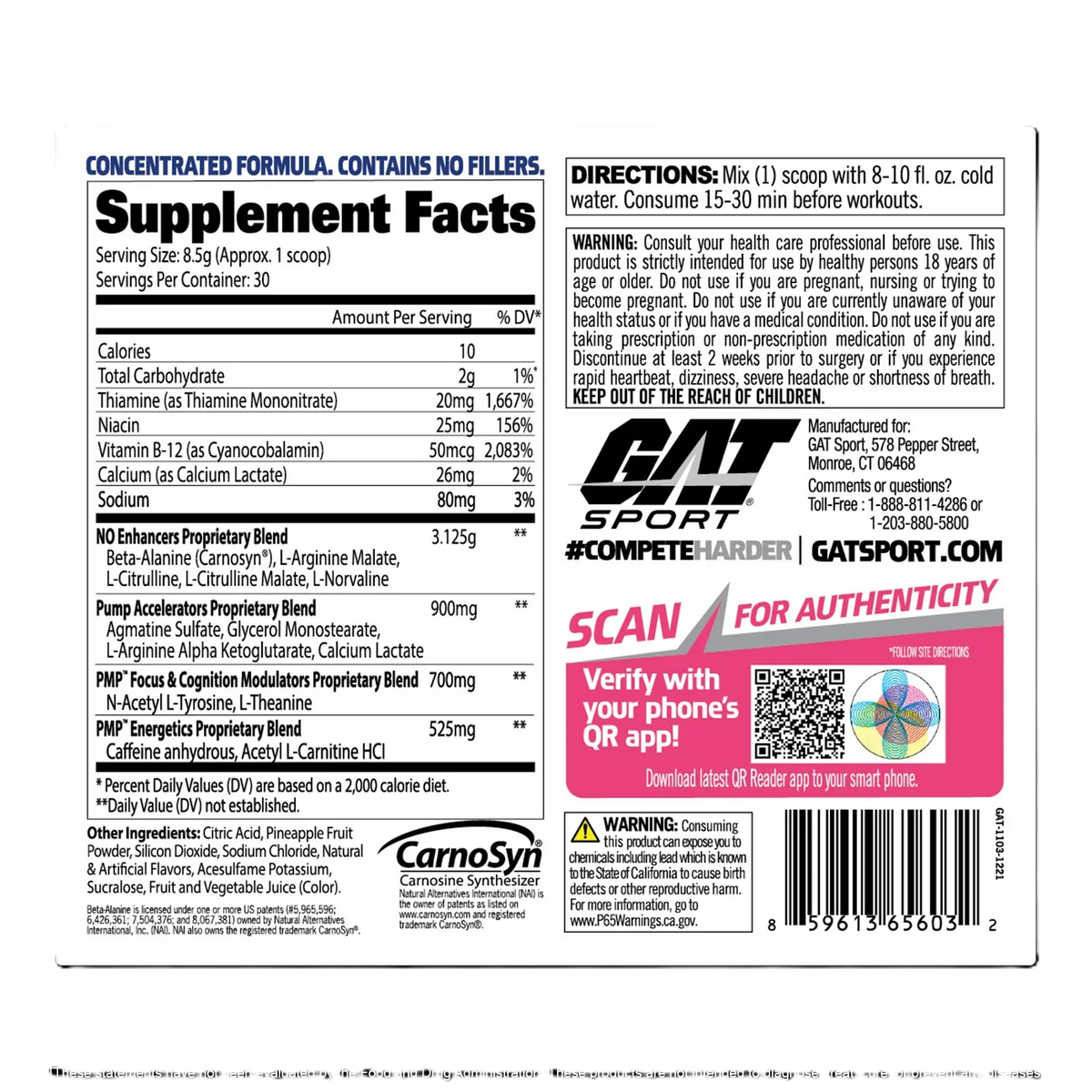GAT Sport PMP Stim-Free 30 Servicios informacion nutricional