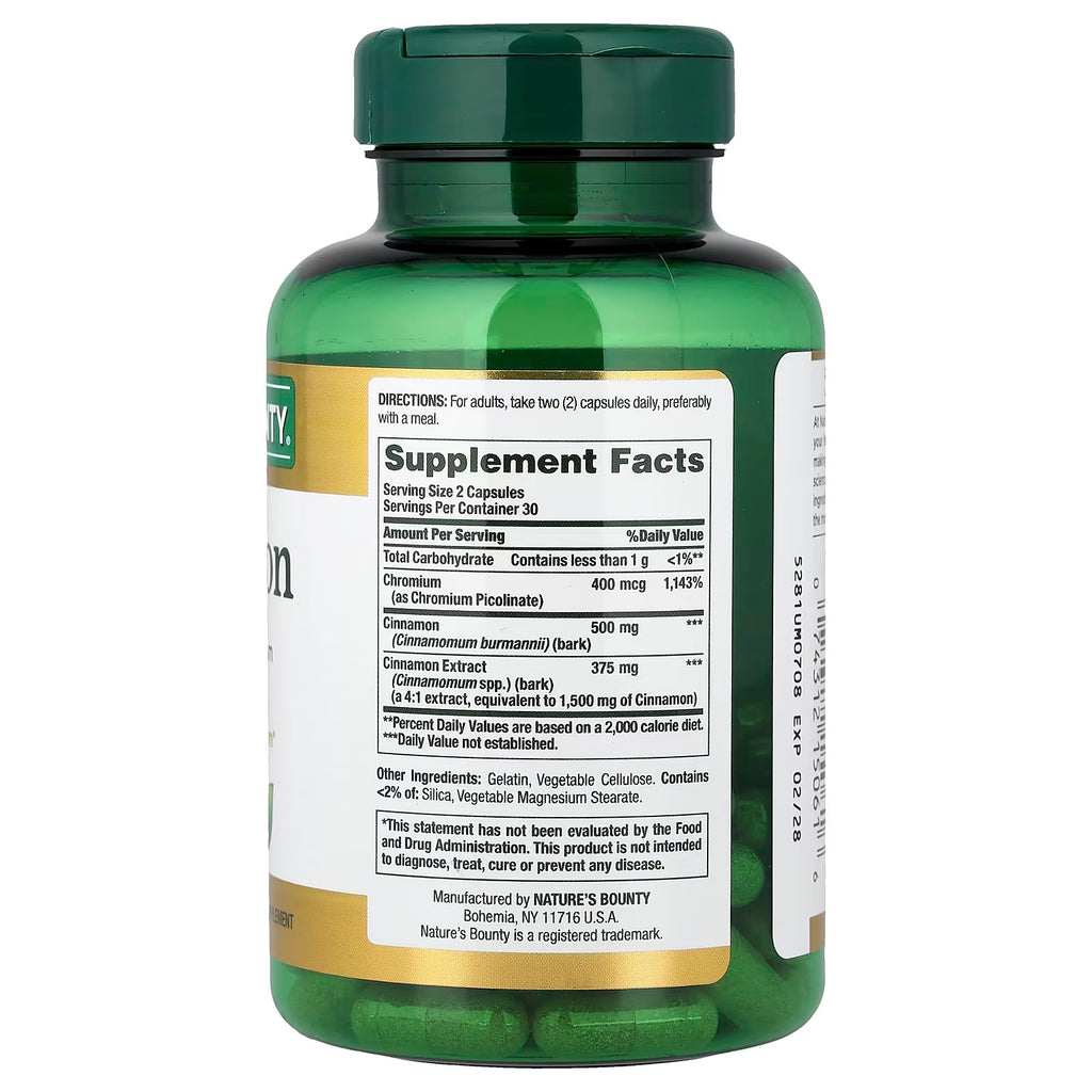 Nature's Bounty Cinnamon 2000mg Plus Chromium 60 capsulas Informacion nutricional