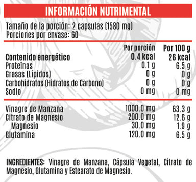 Advance Nutrition Vinagre de Manzana Citrato de Magnesio Glutamina 120 Tabs Informacion Nutricional