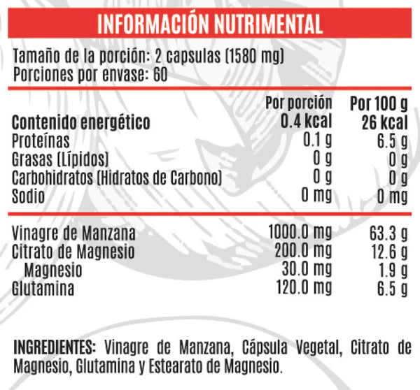 Advance Nutrition Vinagre de Manzana Citrato de Magnesio Glutamina 120 Tabs Informacion Nutricional