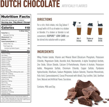 Isopure Proteina Low Carbs 4.5 Lbs 62 servicios Chocolate Informacion nutricional