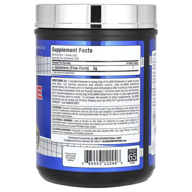 Allmax Glutamina 1kg 200 Servicios informacion nutricional