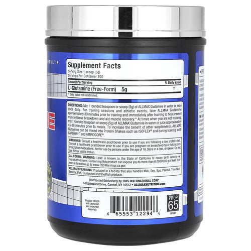Allmax Glutamina 1kg 200 Servicios informacion nutricional