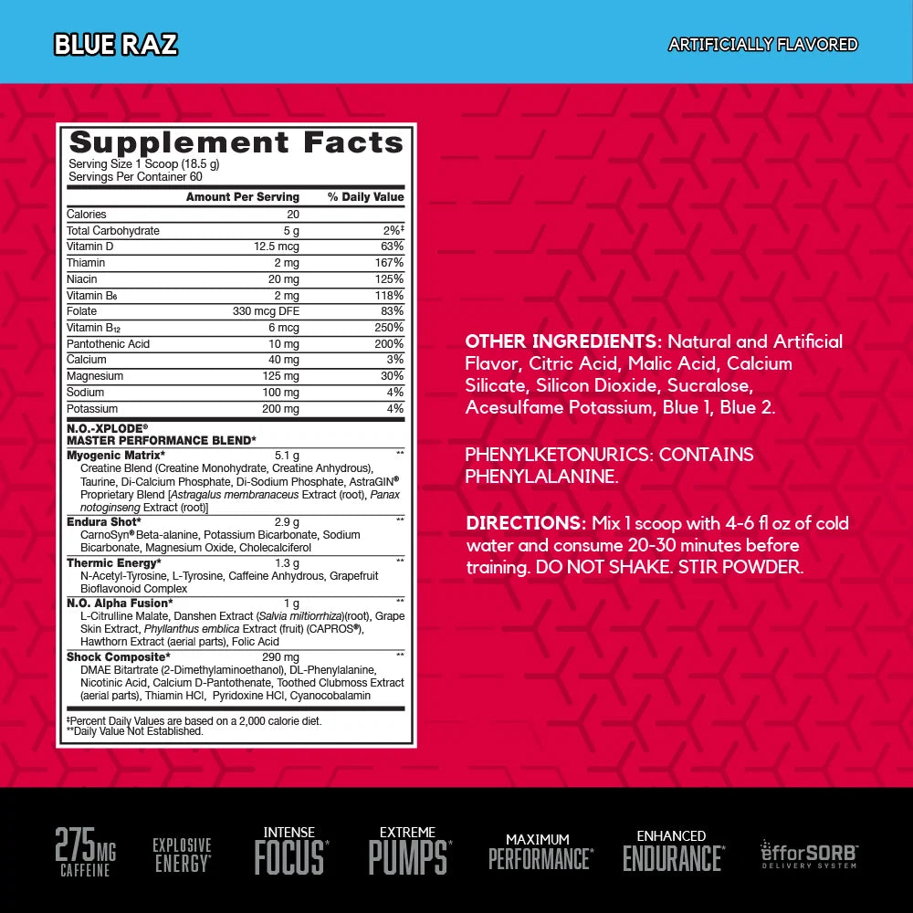 BSN No-Xplode Pre Entreno 60 servicios informacion nutricional