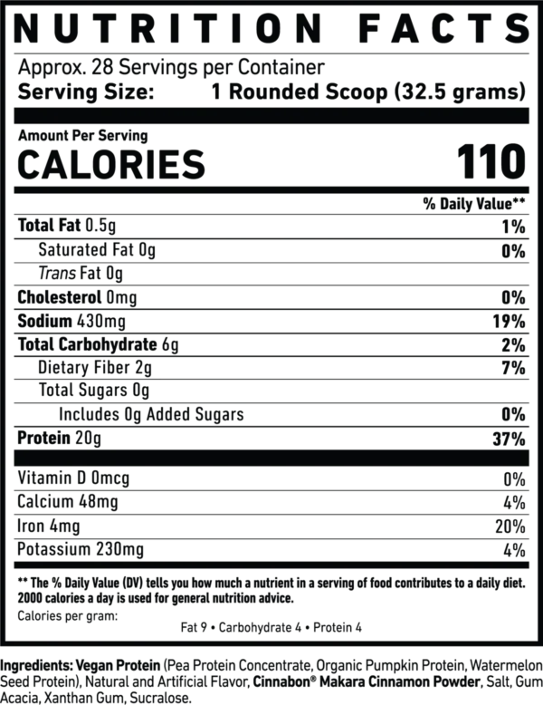 Proteina Ghost Vegan 2 Lbs 28 Servicios Sabor Cinnabon Informacion nutricional