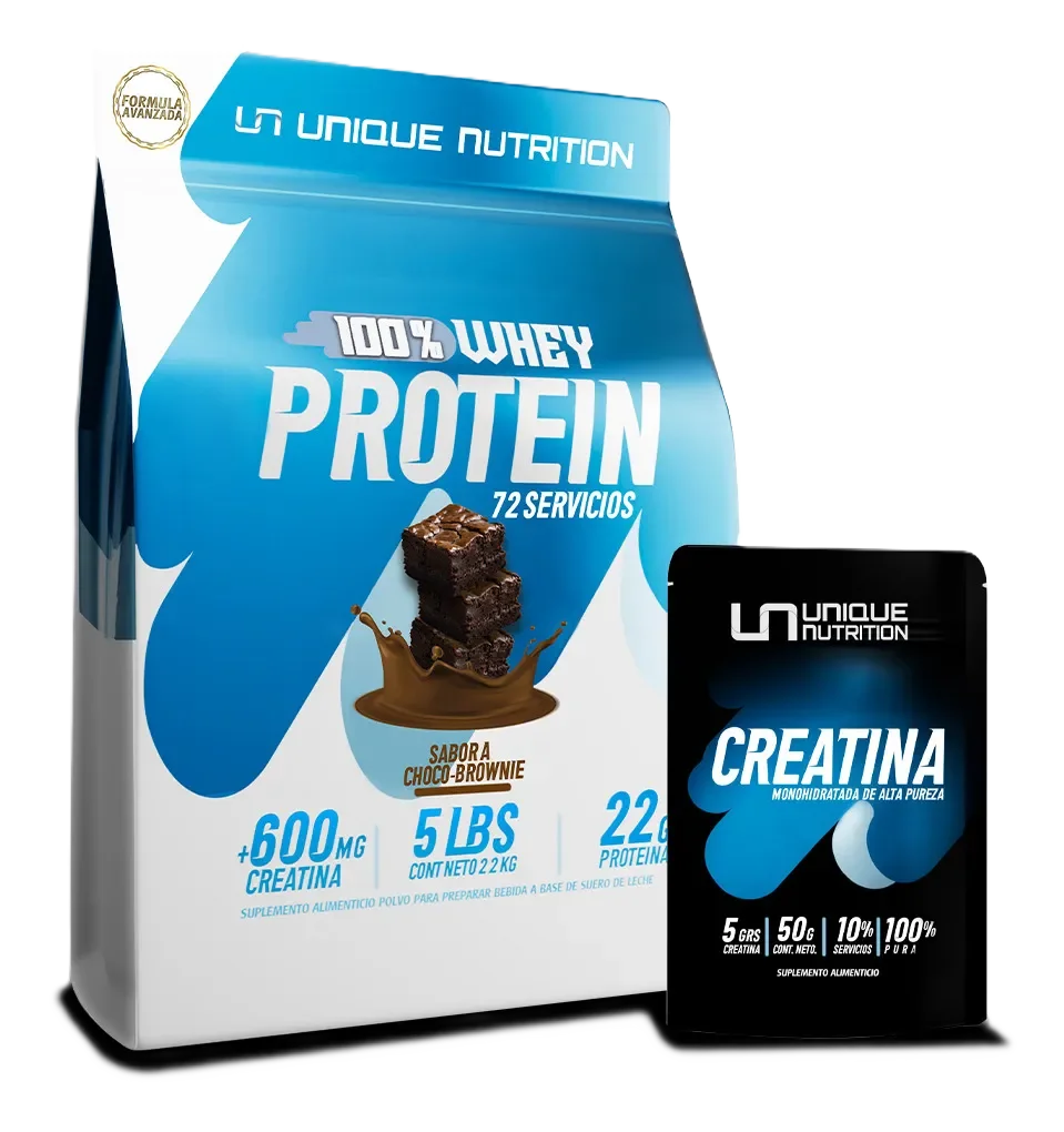 Unique Nutrition whey Protein 5lb + Creatina Monohidratada 50gr Chocolate Brownie