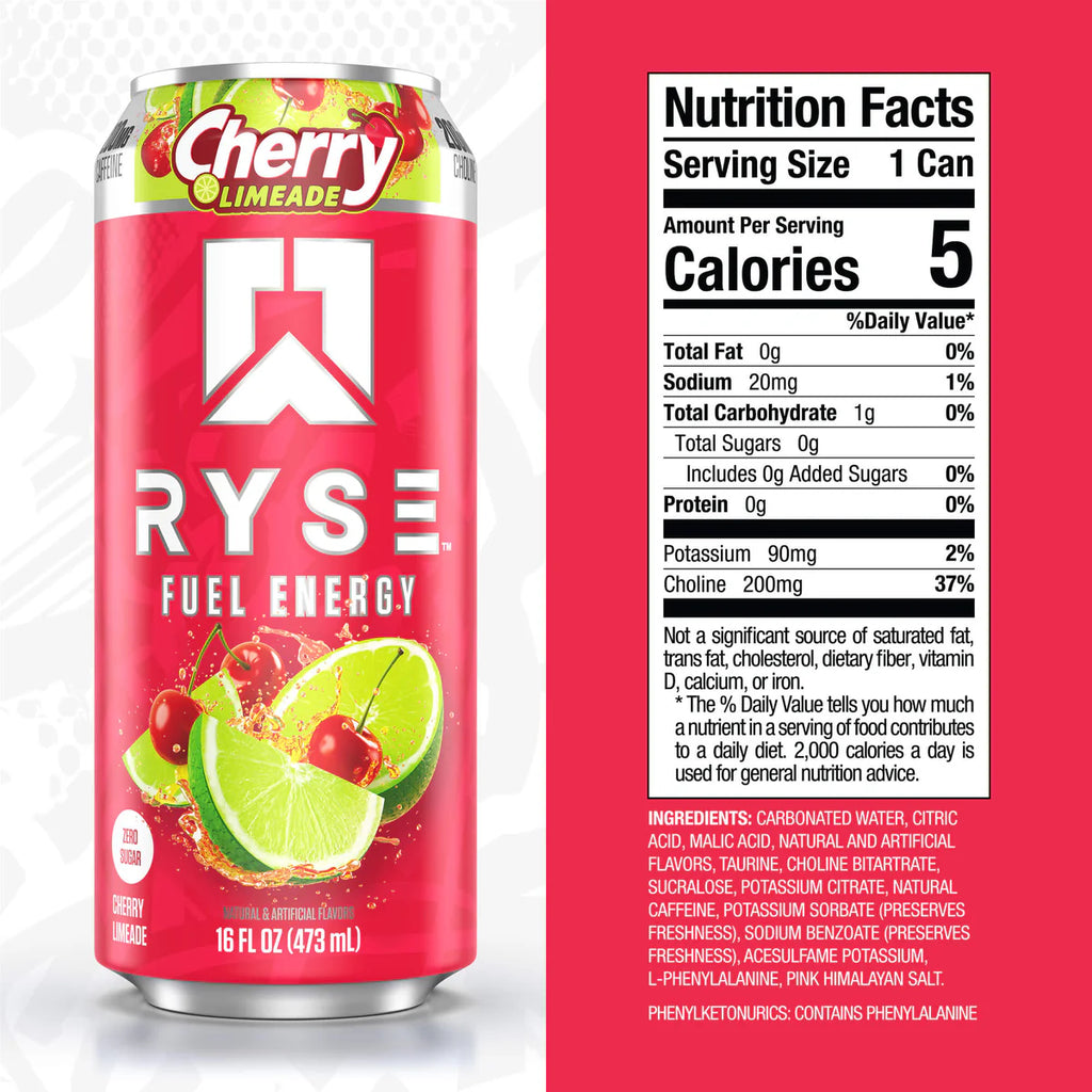 Ryse Fuel Energy Drink 12 pack Cherry Limeade Informacion nutricional