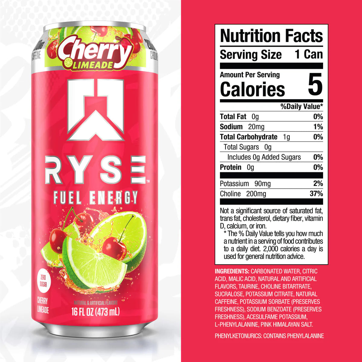 Ryse Fuel Energy Drink 12 pack Cherry Limeade Informacion nutricional